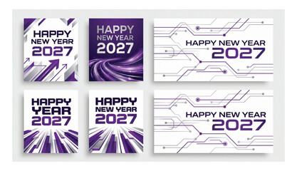 Naklejka premium Happy new year 2027 purple technology theme geometric poster set with technology celebration abstract geometric futuristic connection innovation greeting background template marketing