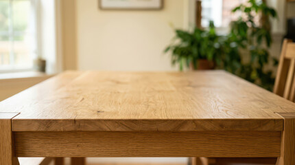 Fototapeta premium A wooden table sits in a room with a chair and a plant nearby indoors.