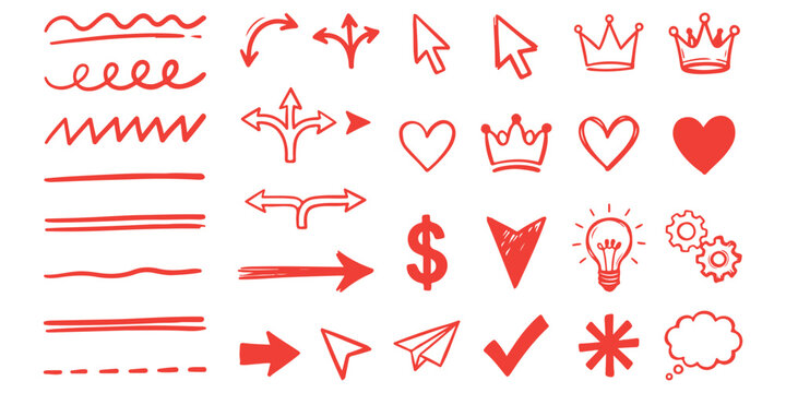 Set of hand drawn red doodle elements including arrows hearts crowns and various graphic icons