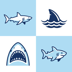 Fototapeta premium Four minimalist shark icons on a blue and white grid