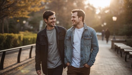 Fototapeta premium Two best friends walking together in an urban park, laughing and talking naturally, casual fashion, golden hour sunlight, realistic lifestyle photography, authentic emotions,