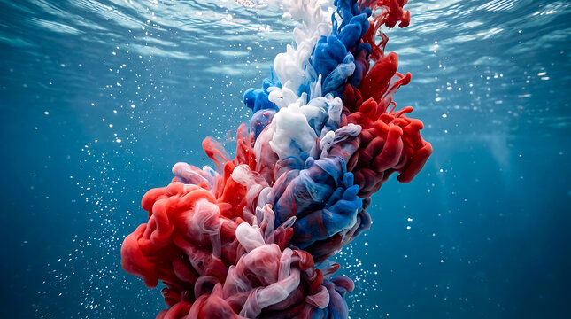 Abstract red blue and white ink swirling underwater with bubbles abstract underwater colorful diffusion creative background backdrop chemical transparent