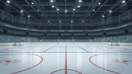 Obraz premium Cinematic wide-angle interior view of a professional empty ice hockey arena with bright stadium lighting and detailed rink markings