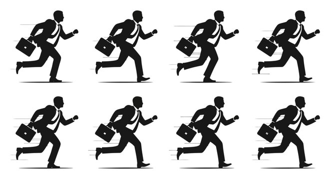 Silhouette of businessman running with briefcase in multiple sequence frames representing speed and urgency.