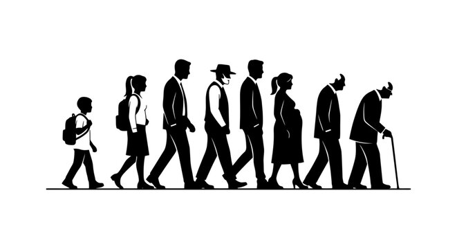 Black and white silhouette illustration showing the stages of human life and aging process.