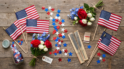 Obraz premium Top down flat lay of patriotic Independence Day objects small American flags red and blue
