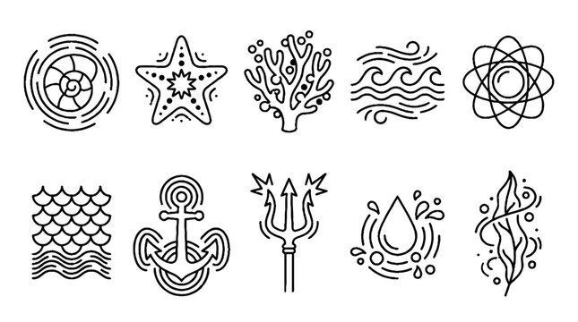 Collection of nautical and marine life line art icons including starfish anchor and coral.