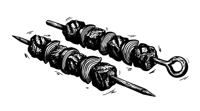 Skewer with Stacked Slices of Meat and Flowing Ink Style Lines for Barbecue Grill Concept Design Featuring Grilling, Kebab, Food