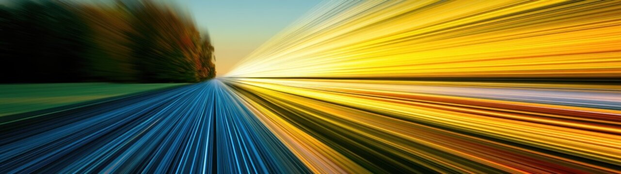 Blur of a road ahead, split into blue and yellow light streaks