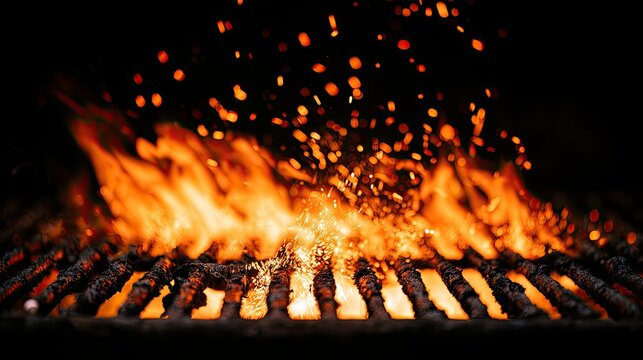 Fierce flames dance over a hot metal grate, showering sparks