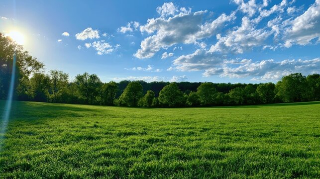 Sunlit meadow, lush green grass, rolling hills, treeline, blue sky, fluffy clouds