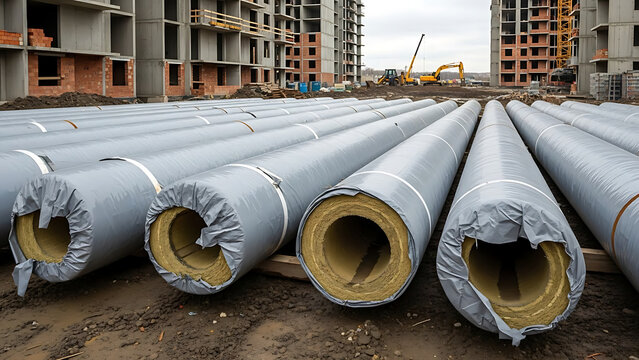 Industrial construction site featuring insulated large diameter metal pipes protected by black plastic sheath for modern underground pipeline infrastructure utility development project.