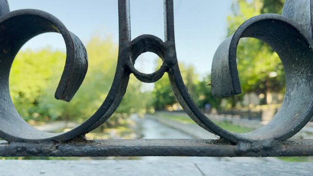 An ornate iron fence frames a blurry park and river in Simferopol, Crimea. This serene view brings a gentle feeling of peace and quiet nostalgia.
