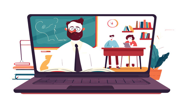 Laptop screen displays a virtual classroom with a teacher lecturing to remote students.