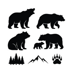 Assortment of bear silhouettes with cub, trees, mountain and paw print © ADURI