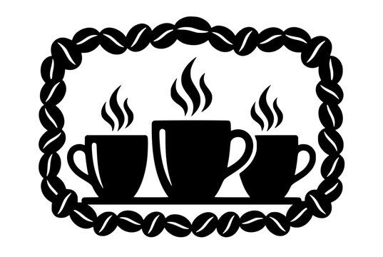 Minimalist black and white coffee cups icon framed by coffee beans