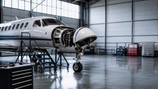 Private Jet Maintenance in Hangar with Open Nose Cone
