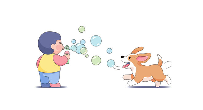 Cute illustration of a boy blowing bubbles for a playful corgi puppy on a white background