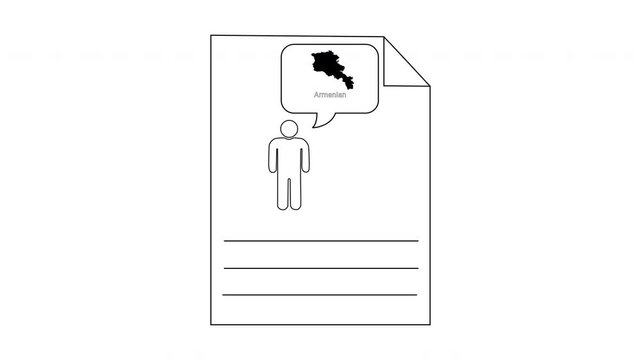 Simple illustration of a person with a speech bubble showing the map of Armenia.
