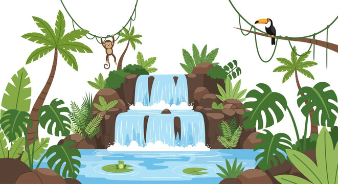 Vibrant Tropical Jungle Scene with Waterfall and Cartoon Animals
