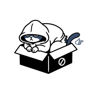 Grumpy cartoon cat wearing a hoodie sits inside a black box
