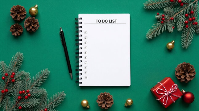 Christmas To-Do List Planning Template, Festive Holiday Goal Planner Mockup, Green Background Christmas Stationery Flat Lay, Holiday Task List with Festive Decorations,