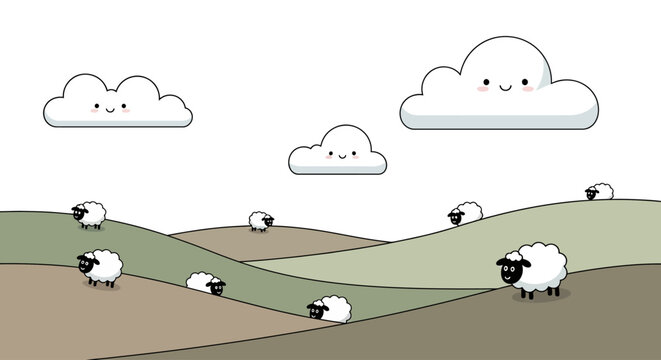 Cute cartoon sheep grazing on rolling green hills with happy clouds above.