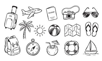 travel icon set with hand drawn suitcase plane passport camera beach and map designs © Tahara