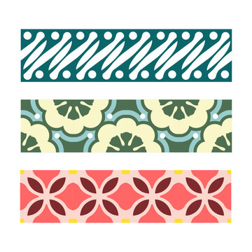 A beautiful vector stock graphic showcasing three distinct horizontal border designs featuring traditional Indonesian batik patterns.