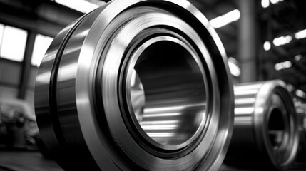 Fototapeta premium Close-up view of polished steel bearings within a large industrial conveyor system