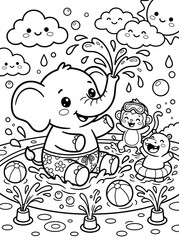 Fototapeta premium Adorable Cartoon Coloring Page of Elephant, Monkey, and Hippo Playing in Water Park for Fun Kids Activity