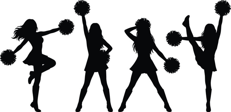 Cheerleader Silhouette Vector Set with Girl Figures Holding Pom Poms and Performing High Kicks for High School Spirit, College Sports, and Team Support Designs