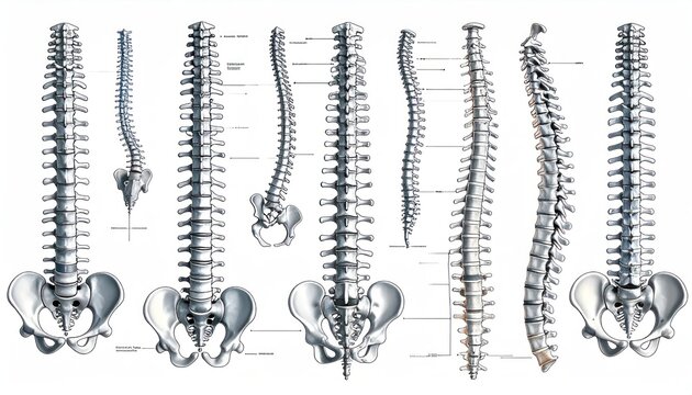 Set of human spine anatomical illustrations.