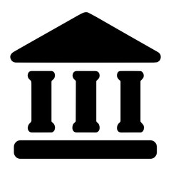 Naklejka premium Silhouette icon of a classical bank or courthouse facade with a triangular pediment supported by three columns and a solid base, symbolizing institutional authority