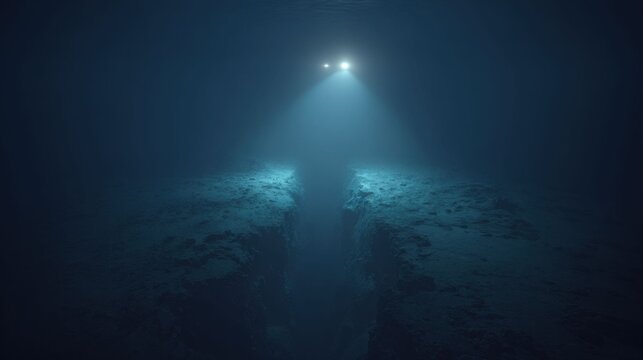 Submarine illuminates deep ocean trench during communication cable splice operation