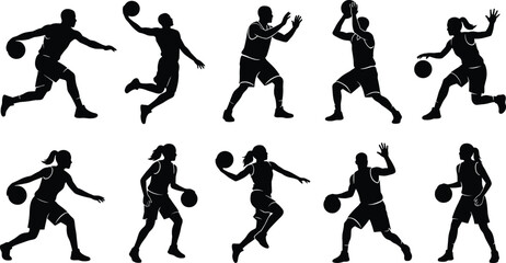 Basketball Player Silhouette Vector Set with Male and Female Athlete Figures Dribbling, Passing, Shooting, and Slam Dunking for Sports Championship and Team League Graphic Designs © Md