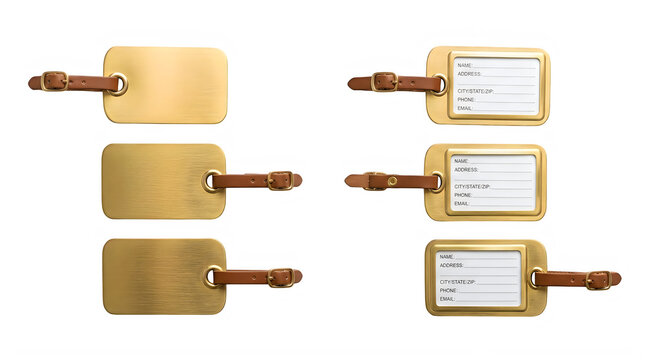 Set of gold metal luggage tags with brown leather straps isolated on transparent background
