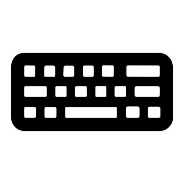 Minimalist black keyboard icon silhouette on white background depicting compact computer input device with rectangular rounded frame, keys, spacebar and simplified layout symbol