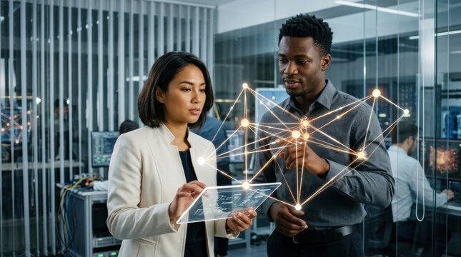 Two diverse network specialists examine a luminous node lattice through a transparent tablet, demonstrating futuristic networking technology inside a sophisticated glass-walled data center hub
