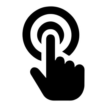 Black silhouette hand icon pressing concentric circular button representing a touchscreen tap or click action, a minimalist flat UI symbol depicting touch interaction and selection