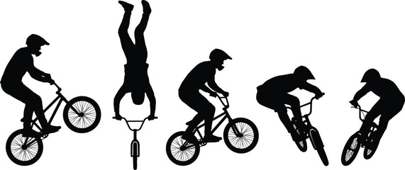 Naklejka premium Freestyle BMX Rider Silhouette Vector Set with Cyclist Figures Performing Stunts, Jumps, and Extreme Bicycle Tricks for Sports Branding and Youth Culture Designs