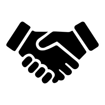 Black silhouette of two hands engaged in a firm handshake centered on a white background, symbolizing agreement, partnership, cooperation, trust, business deal, and unity.