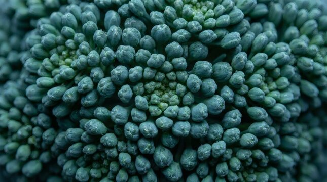 Top down macro of fresh broccolini floret cluster buds.