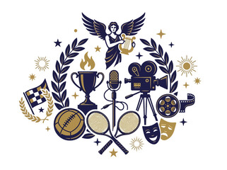 Obraz premium Vintage emblem representing sports, arts and entertainment