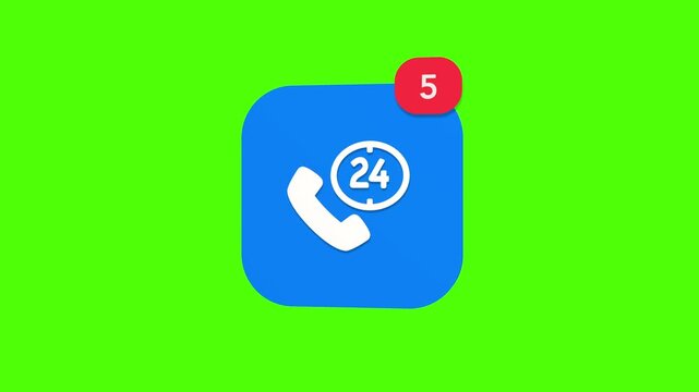 A 3D phone calling headset with twenty four hours non stop customer support service notification icon popping up and rotating on a green screen chroma key background with a red number counter animatio