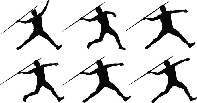 Javelin Thrower Silhouette Vector Set with Track and Field Athlete Figures throwing Spear for Sports Competition, Olympic Games, and Athletic Event Designs
