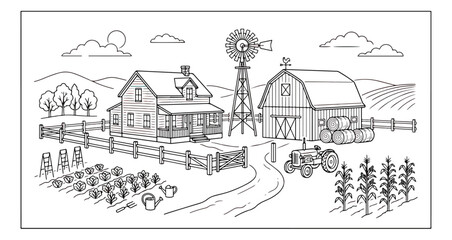 Rural farm landscape line art, countryside farmhouse with barn and windmill vector, coloring page of agricultural ranch with tractor and garden © Nadidon