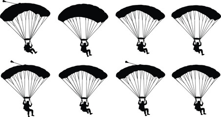 Skydiver Parachuting Silhouette Set Vector Graphic Featuring Paragliders Descending with Open Parachutes for Extreme Air Sports and Outdoor Adventure Designs © Md