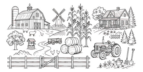 Vintage farm landscape line art vector, hand drawn rustic countryside barn and farmhouse scene, agricultural elements with tractor and windmill © Nadidon
