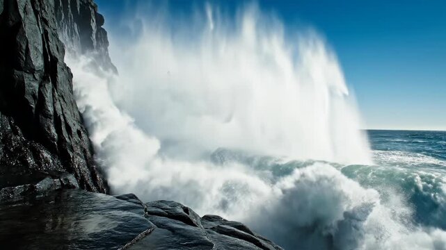 Massive ocean wave crashing against dark rocky cliffs with fast shutter speed, creating explosion of white water spray and sea foam under clear blue sky at the coastline.